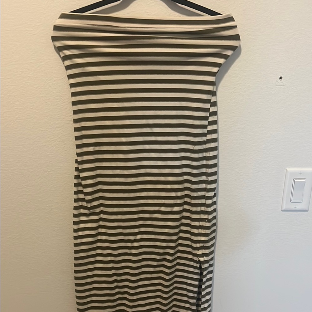 Striped Off-Shoulder Maxi Dress in Olive and Cream